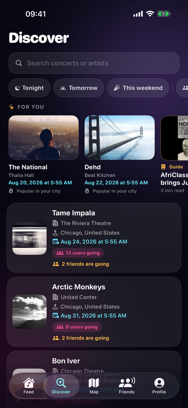 Discovering Chicago concerts in CrowdMate, showing how many friends are going to each show