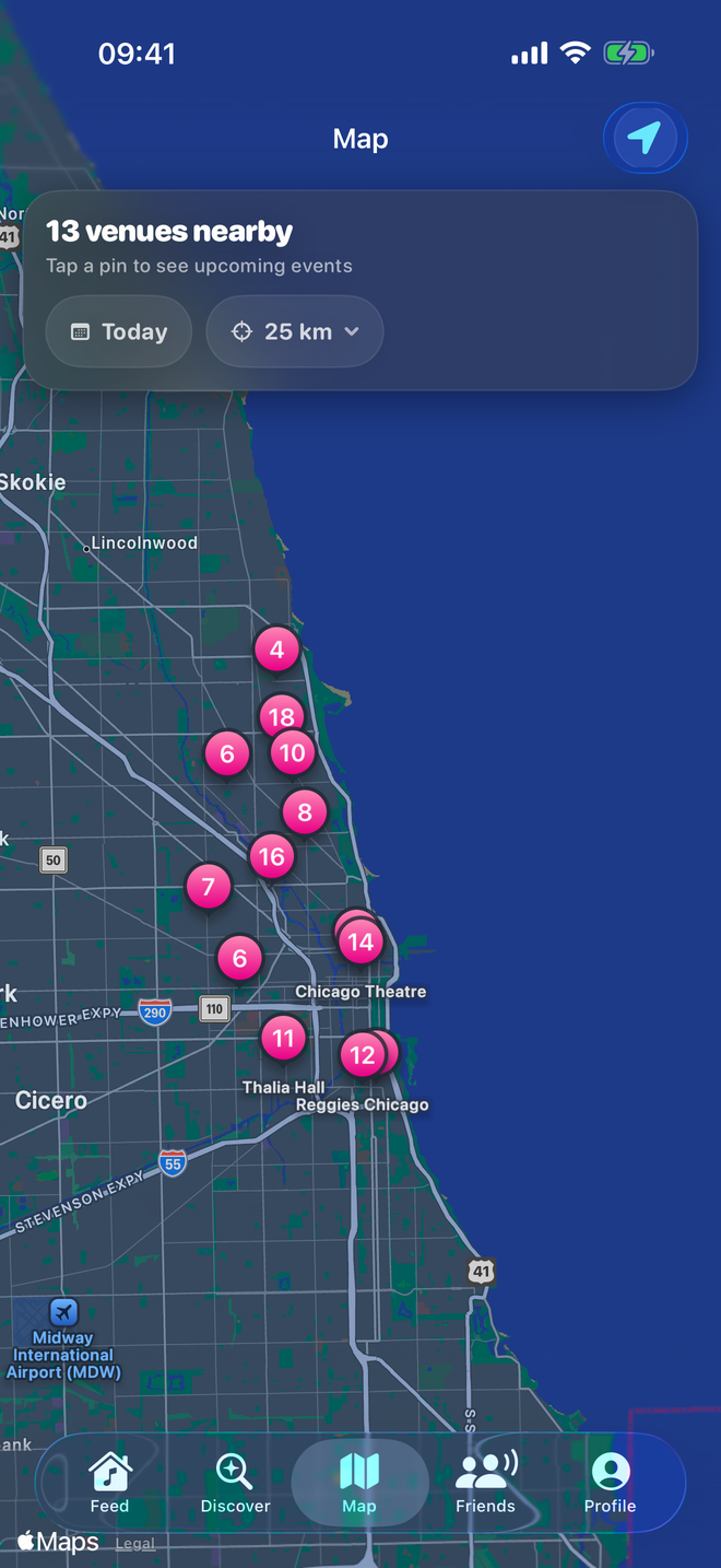 CrowdMate's map of nearby Chicago venues with upcoming events