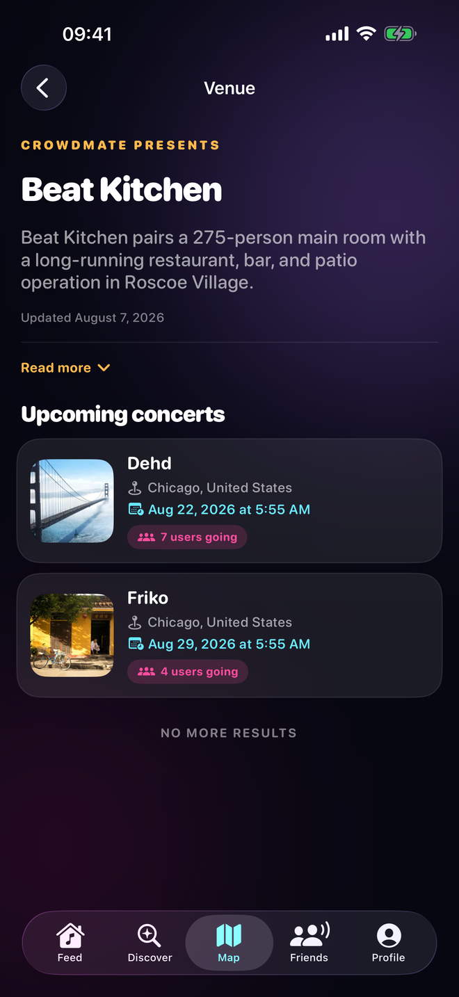 A CrowdMate venue page: Beat Kitchen in Chicago, with its upcoming concerts